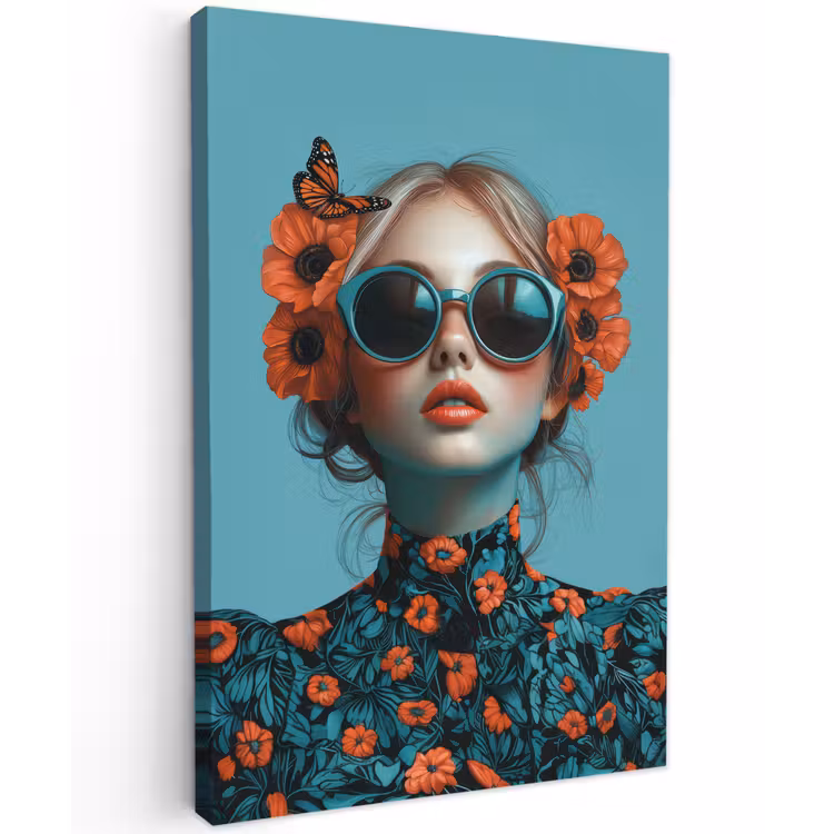 Vrouw - Blauw - Vlinder - Bloemen - Aesthetic Tuinposter op houten frame 2 cm dik klein -3d