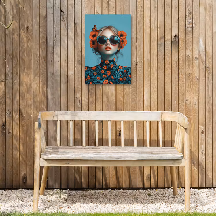 Vrouw - Blauw - Vlinder - Bloemen - Aesthetic Tuinposter op houten frame 2 cm dik klein -sfeer4