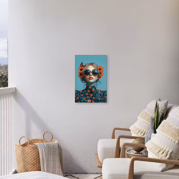 Vrouw - Blauw - Vlinder - Bloemen - Aesthetic Tuinposter op houten frame 2 cm dik klein -sfeer1