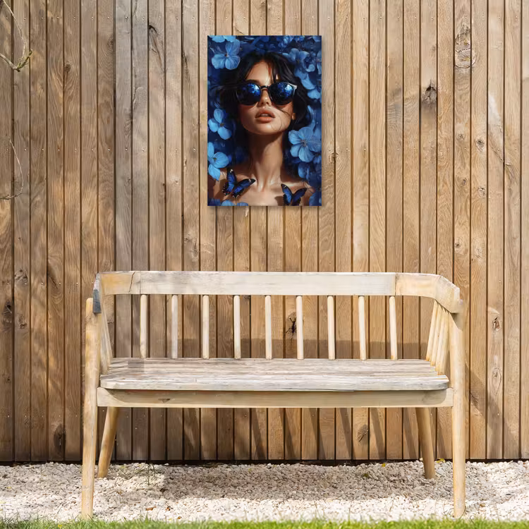 Vrouw - Blauw - Bloemen - Vlinders - Natuur Tuinposter op houten frame 2 cm dik klein -sfeer4