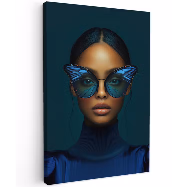 Vrouw - Vlinder - Bril - Blauw - Modern - Portret Tuinposter op houten frame 2 cm dik klein -3d