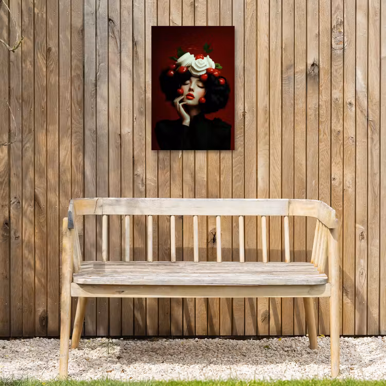 Vrouw - Kersen - Slagroom Tuinposter op houten frame 2 cm dik klein -sfeer4