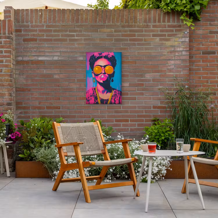 Vrouw - Kauwgom - Zonnebril - Oranje Tuinposter op houten frame 2 cm dik klein -sfeer3