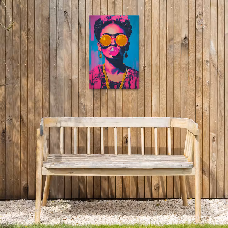 Vrouw - Kauwgom - Zonnebril - Oranje Tuinposter op houten frame 2 cm dik klein -sfeer4