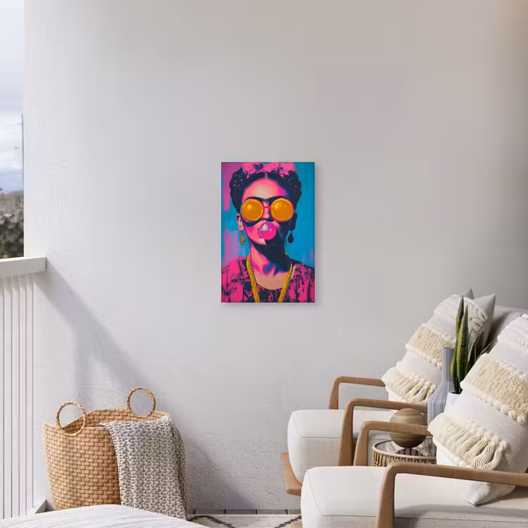 Vrouw - Kauwgom - Zonnebril - Oranje Tuinposter op houten frame 2 cm dik klein -sfeer1