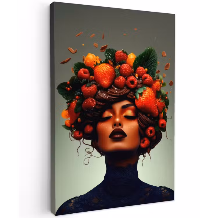 Vrouw - Chocolade - Frambozen - Aardbeien - Koekjes Tuinposter op houten frame 2 cm dik klein -3d