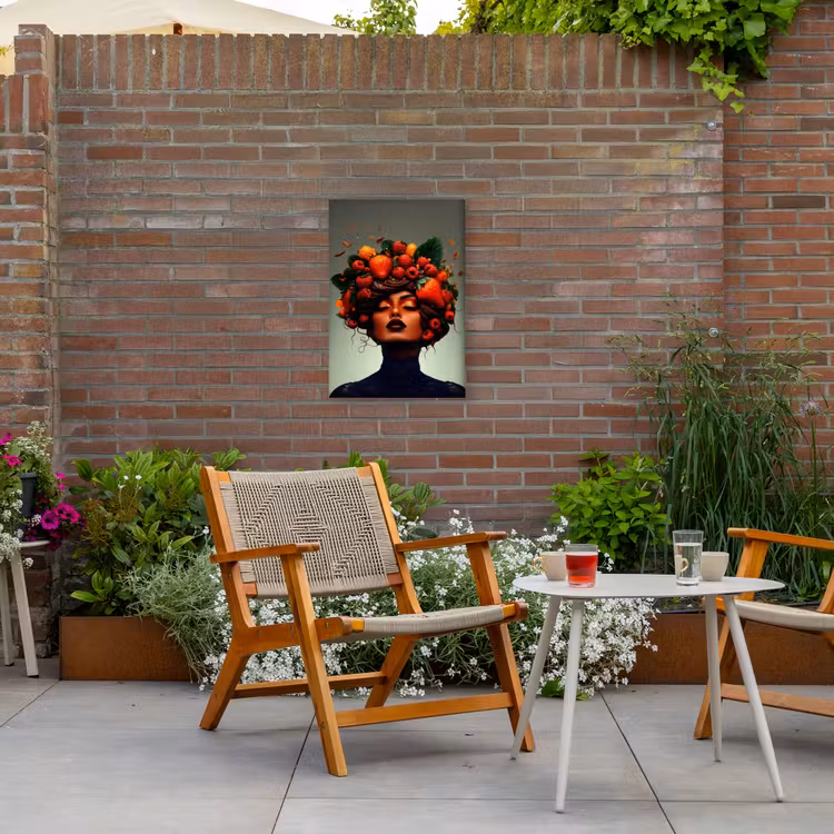 Vrouw - Chocolade - Frambozen - Aardbeien - Koekjes Tuinposter op houten frame 2 cm dik klein -sfeer3