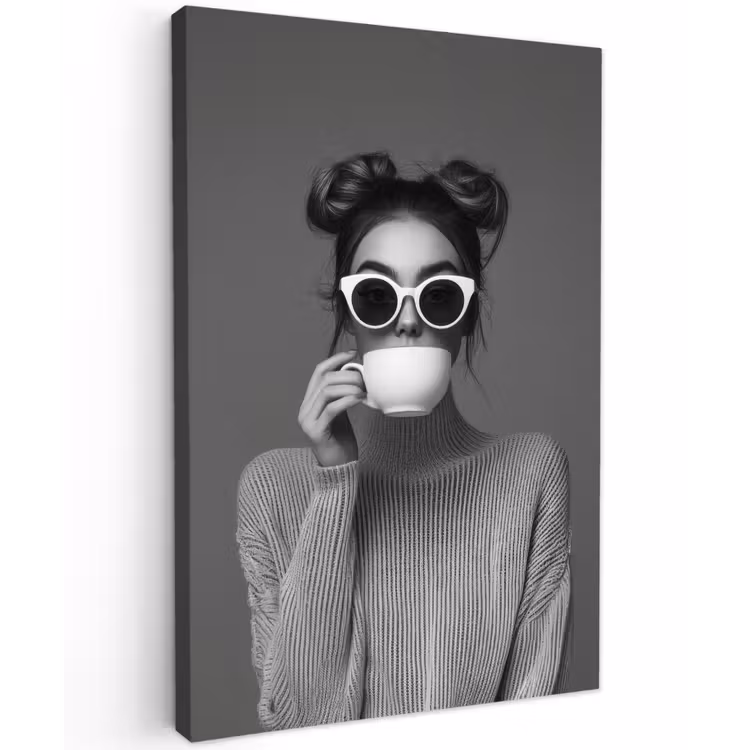 Vrouw - Koffie - Zwart - Wit Tuinposter op houten frame 2 cm dik klein -3d