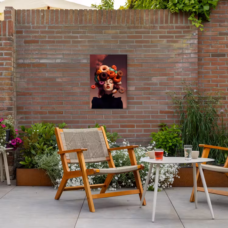 Vrouw - Donuts - Kleurrijk Tuinposter op houten frame 2 cm dik klein -sfeer3