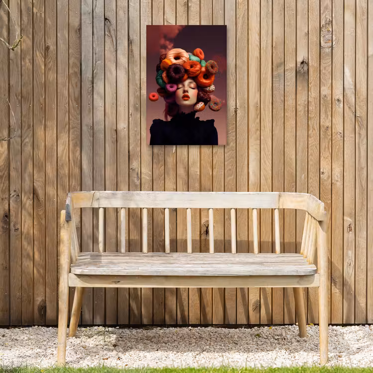 Vrouw - Donuts - Kleurrijk Tuinposter op houten frame 2 cm dik klein -sfeer4