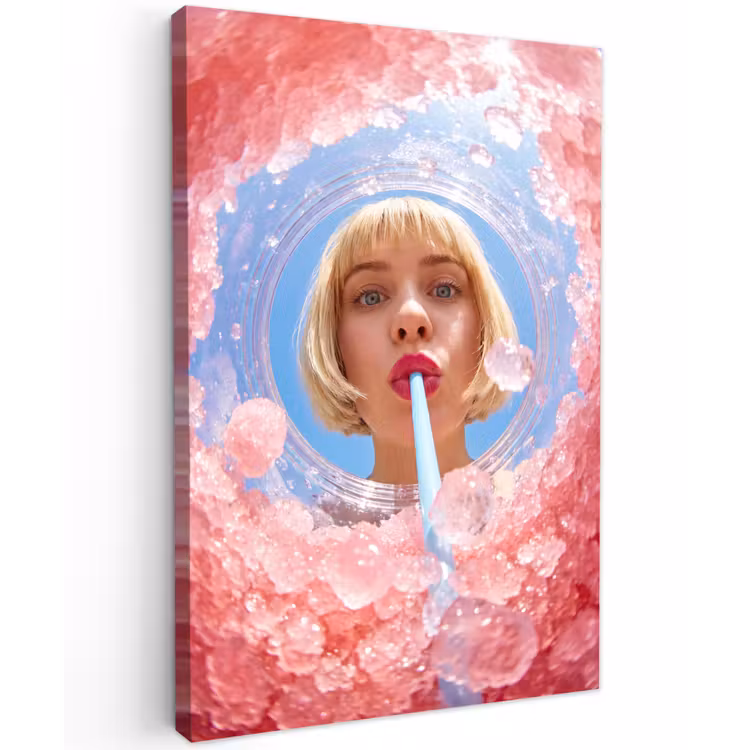 Vrouw - Drank - Zomer - Roze - Blauw Tuinposter op houten frame 2 cm dik klein -3d