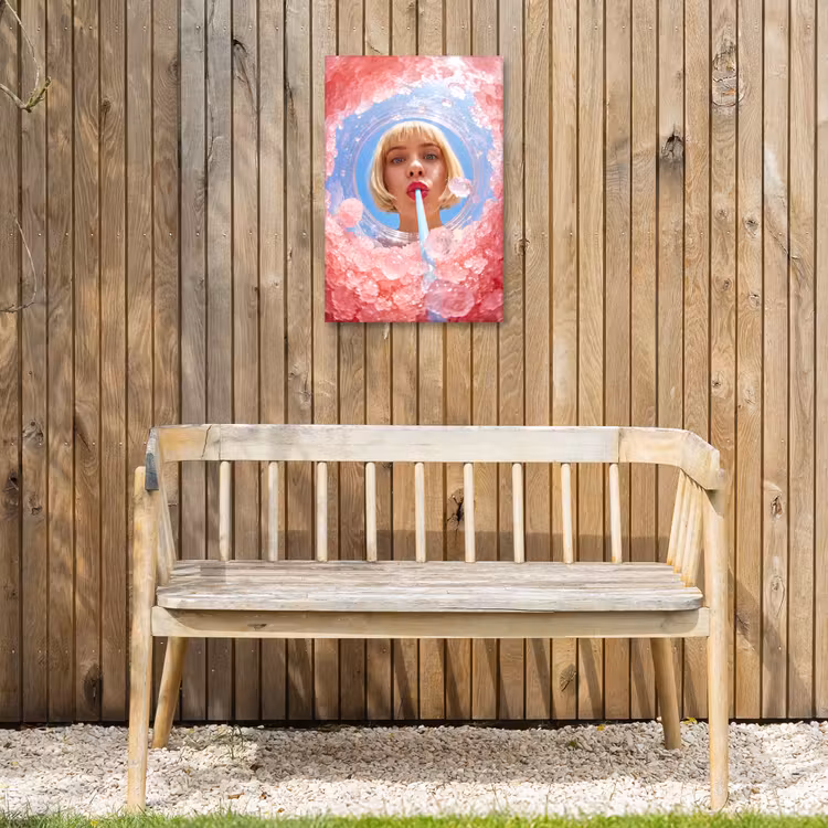 Vrouw - Drank - Zomer - Roze - Blauw Tuinposter op houten frame 2 cm dik klein -sfeer4