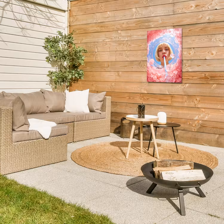Vrouw - Drank - Zomer - Roze - Blauw Tuinposter op houten frame 2 cm dik klein -sfeer2