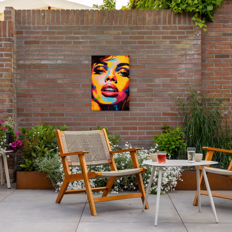 Vrouw - Gezicht - Kleurrijk Tuinposter op houten frame 2 cm dik klein -sfeer3