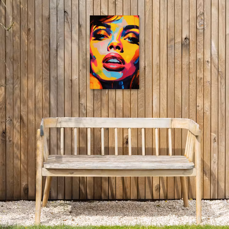 Vrouw - Gezicht - Kleurrijk Tuinposter op houten frame 2 cm dik klein -sfeer4