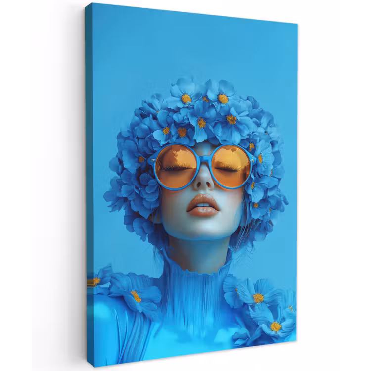 Vrouw - Bloem - Blauw - Modern - Bril - Portret Tuinposter op houten frame 2 cm dik klein -3d
