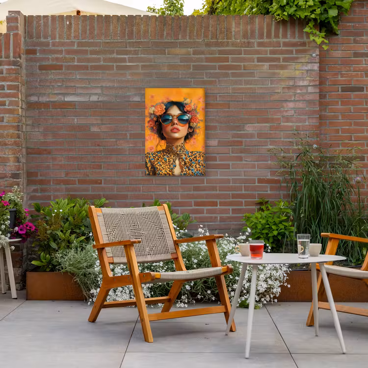 Vrouw - Bloemen - Aesthetic - Oranje Tuinposter op houten frame 2 cm dik klein -sfeer3