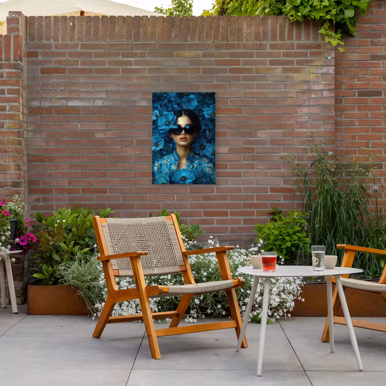 Vrouw - Bloemen - Blauw - Aesthetic - Luxe Tuinposter op houten frame 2 cm dik klein -sfeer3