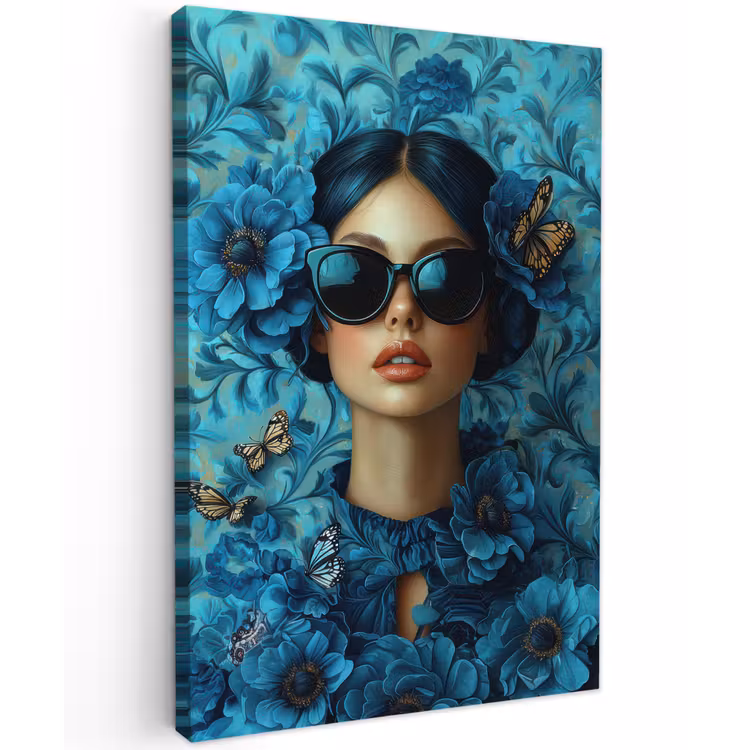 Vrouw - Bloemen - Vlinders - Blauw - Abstract Tuinposter op houten frame 2 cm dik klein -3d