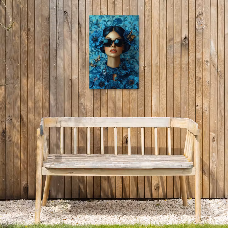 Vrouw - Bloemen - Vlinders - Blauw - Abstract Tuinposter op houten frame 2 cm dik klein -sfeer4