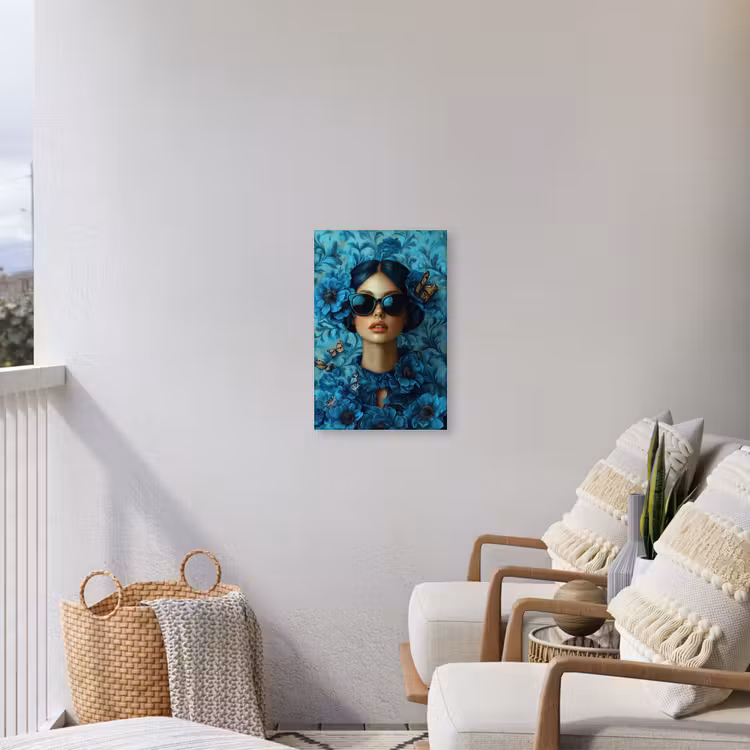 Vrouw - Bloemen - Vlinders - Blauw - Abstract Tuinposter op houten frame 2 cm dik klein -sfeer1