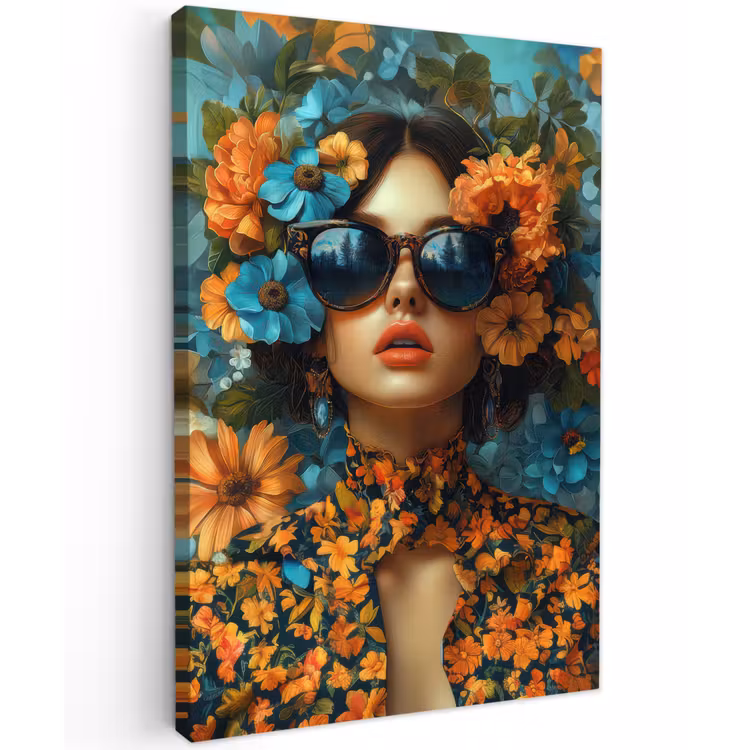 Vrouw - Bloemen - Oranje - Blauw - Modern Tuinposter op houten frame 2 cm dik klein -3d