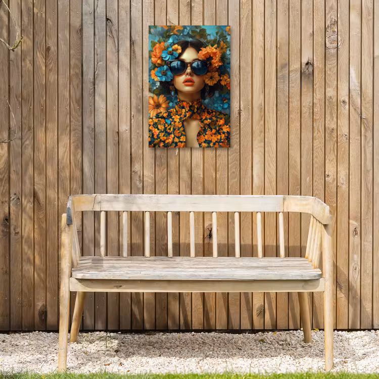 Vrouw - Bloemen - Oranje - Blauw - Modern Tuinposter op houten frame 2 cm dik klein -sfeer4