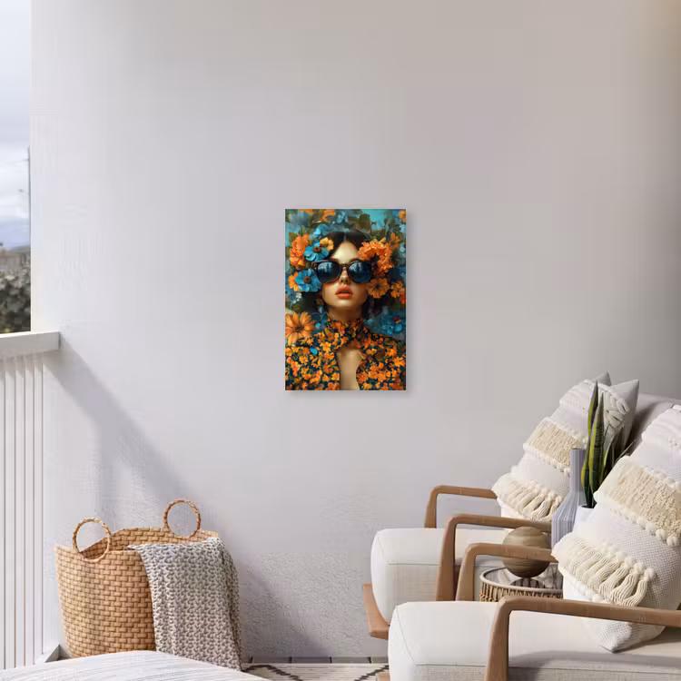 Vrouw - Bloemen - Oranje - Blauw - Modern Tuinposter op houten frame 2 cm dik klein -sfeer1