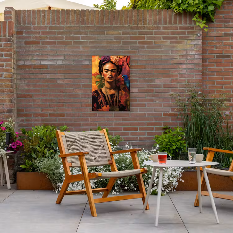 Vrouw - Bloemen - Papegaai - Schilderachtig Tuinposter op houten frame 2 cm dik klein -sfeer3