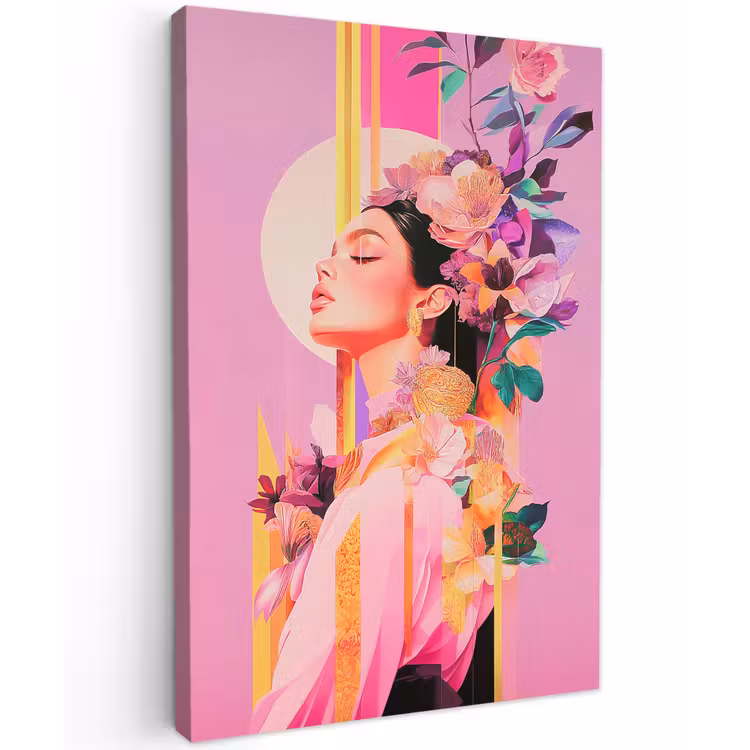 Vrouw - Bloemen - Paars - Abstract Tuinposter op houten frame 2 cm dik klein -3d