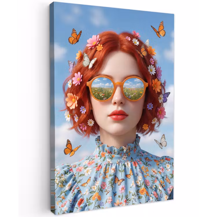 Vrouw - Bloemen - Zomer - Portret - Kleurrijk Tuinposter op houten frame 2 cm dik klein -3d