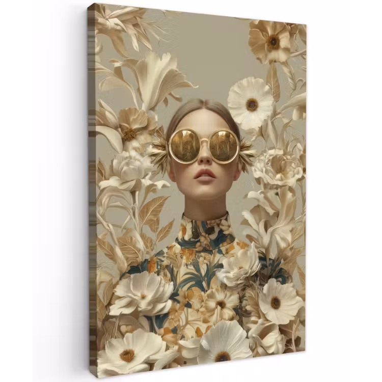 Vrouw - Bloemen - Zonnebril - Wit Tuinposter op houten frame 2 cm dik klein -3d