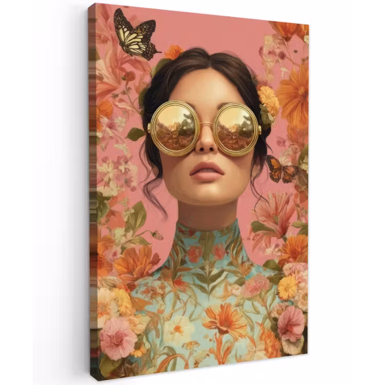 Vrouw - Bril - Roze - Bloemen Tuinposter op houten frame 2 cm dik klein -3d