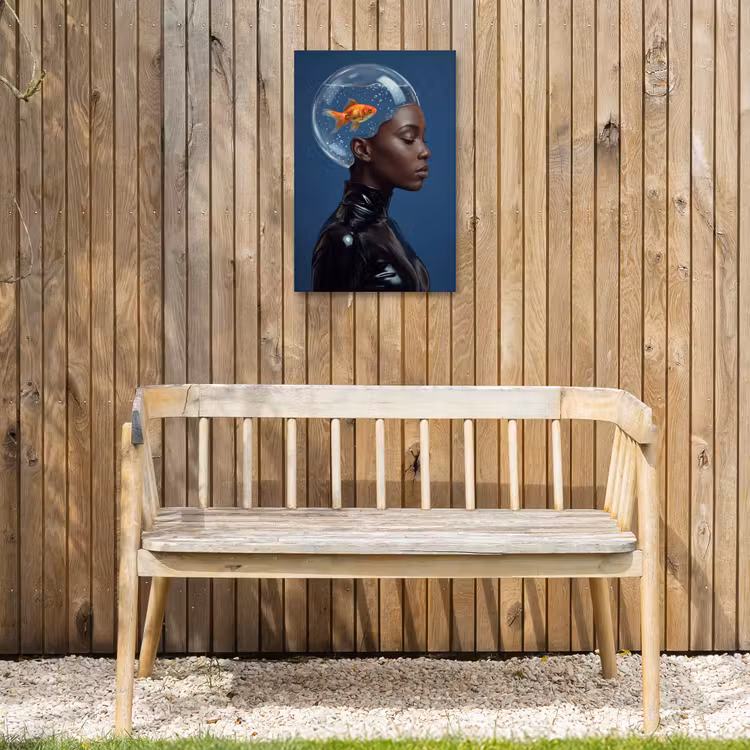 Vrouw - Goudvis - Hoofd - Abstract - Blauw Tuinposter op houten frame 2 cm dik klein -sfeer4