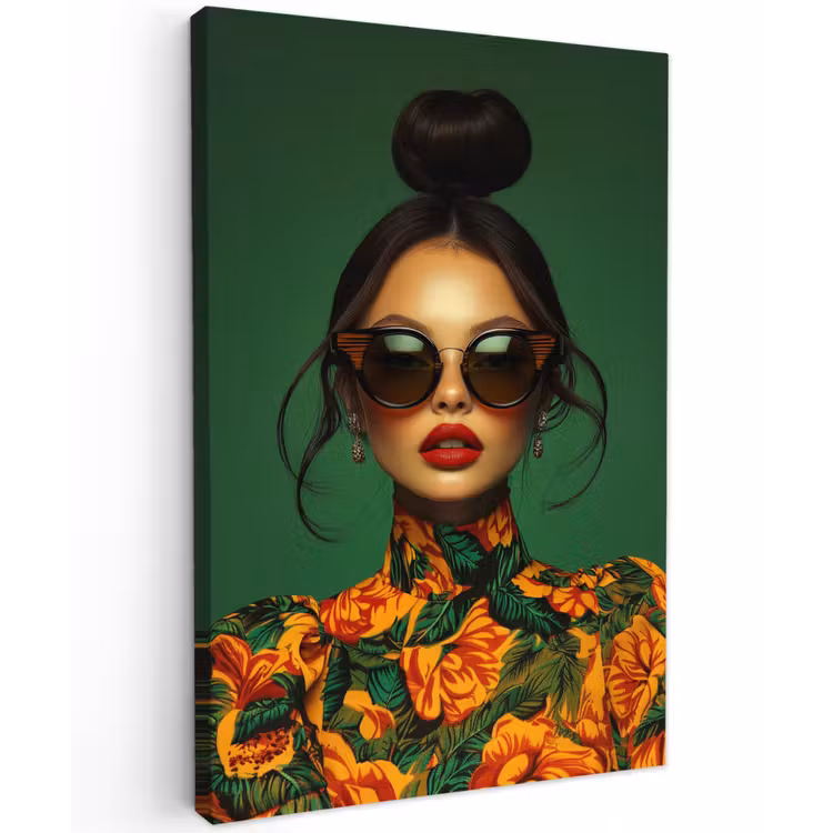 Vrouw - Groen - Modern - Bril - Abstract Tuinposter op houten frame 2 cm dik klein -3d
