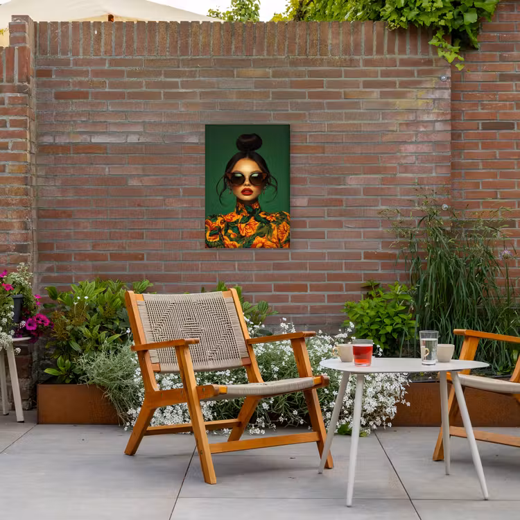 Vrouw - Groen - Modern - Bril - Abstract Tuinposter op houten frame 2 cm dik klein -sfeer3