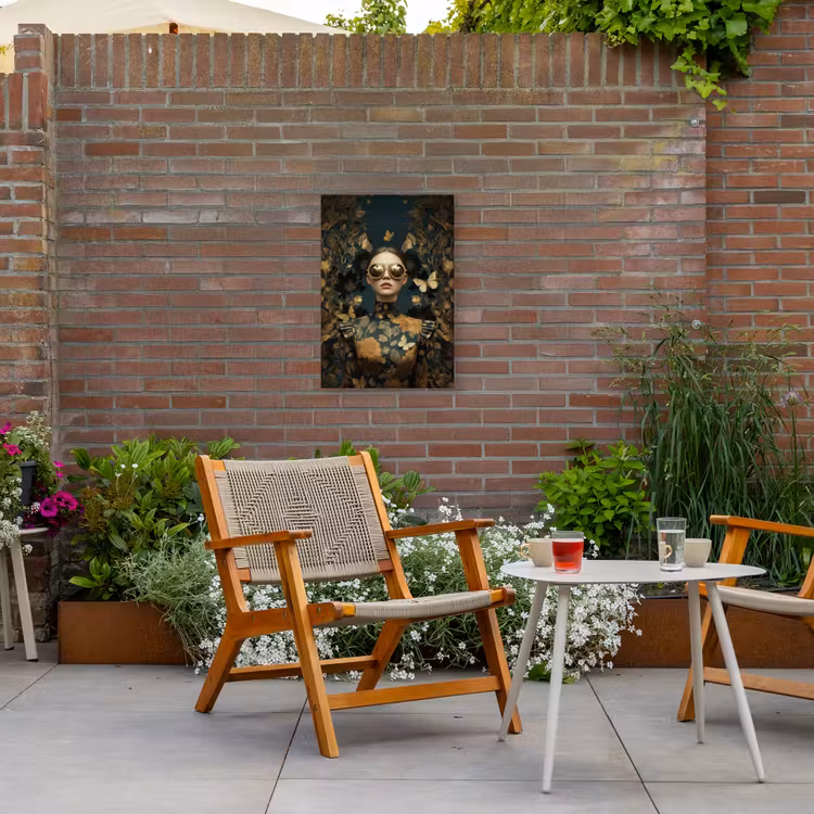 Vrouw - Bladeren - Goud - Vlinders Tuinposter op houten frame 2 cm dik klein -sfeer3