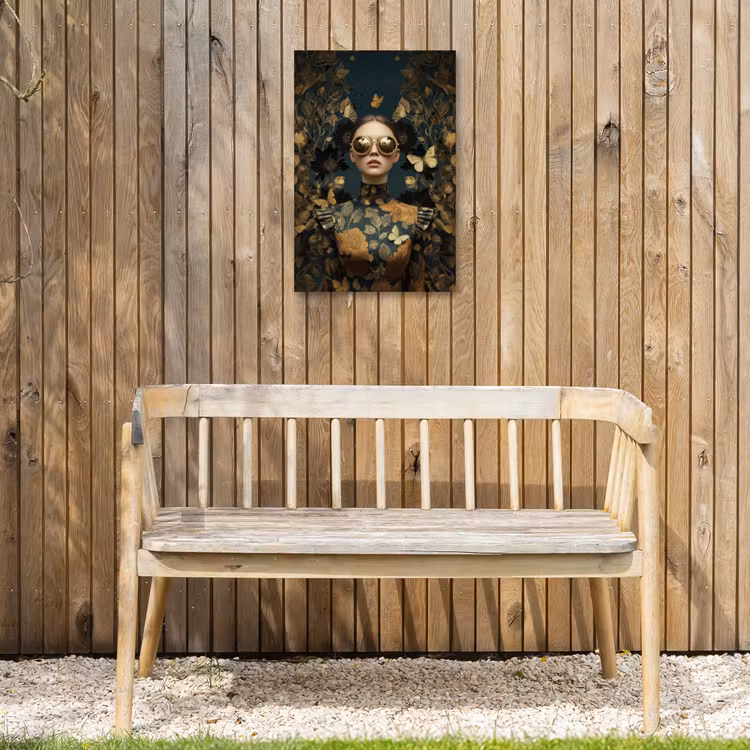 Vrouw - Bladeren - Goud - Vlinders Tuinposter op houten frame 2 cm dik klein -sfeer4