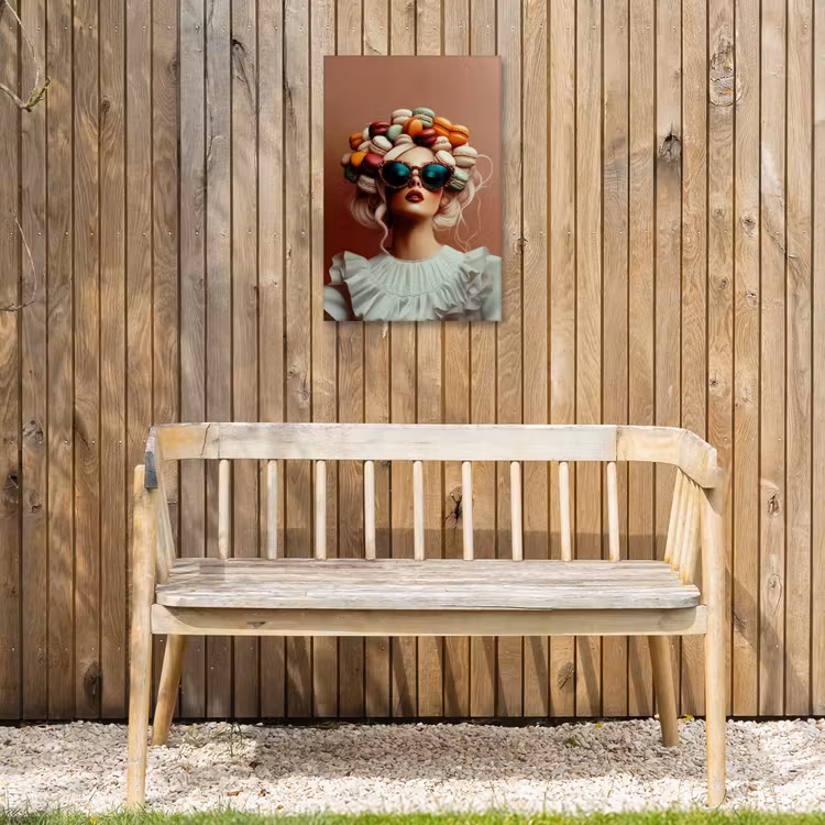 Vrouw - Macarons - Bril Tuinposter op houten frame 2 cm dik klein -sfeer4