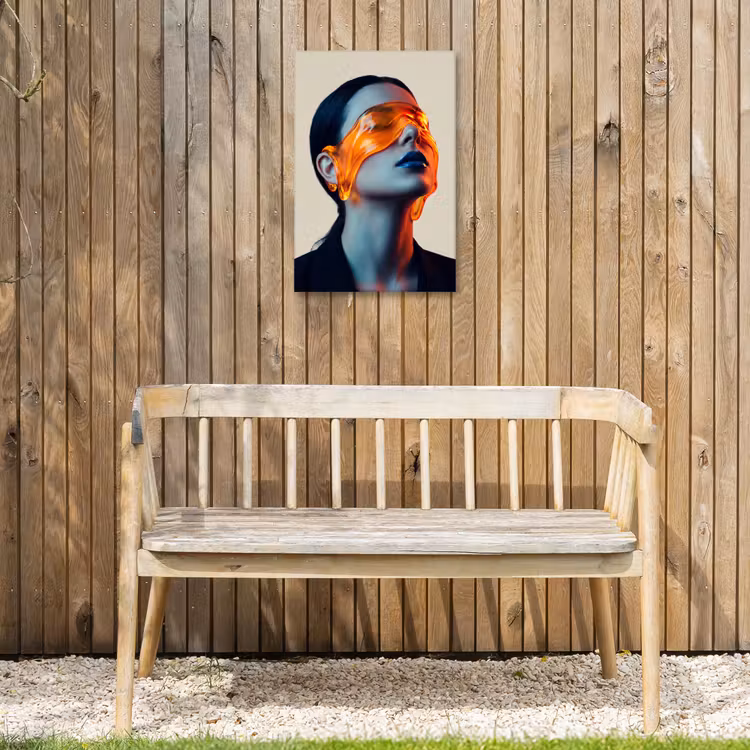 Vrouw - Oranje - Abstract - Modern - Kleurrijk Tuinposter op houten frame 2 cm dik klein -sfeer4