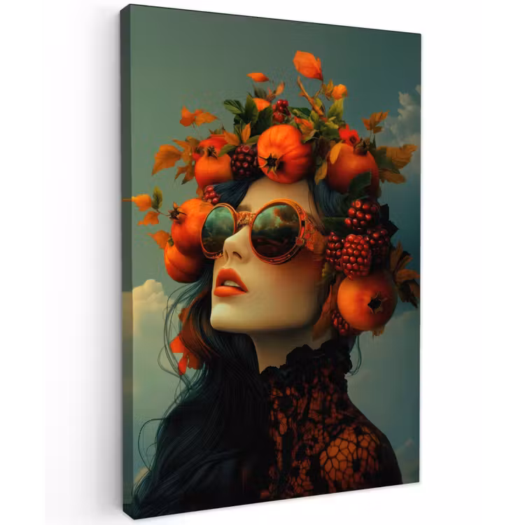 Vrouw - Granaatappel - Herfst - Zonnebril Tuinposter op houten frame 2 cm dik klein -3d