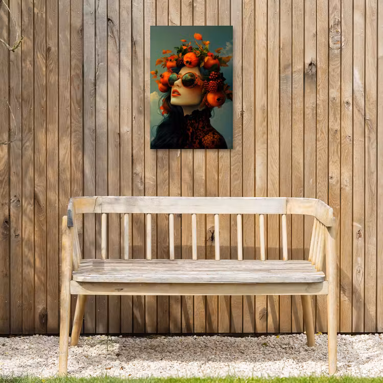 Vrouw - Granaatappel - Herfst - Zonnebril Tuinposter op houten frame 2 cm dik klein -sfeer4
