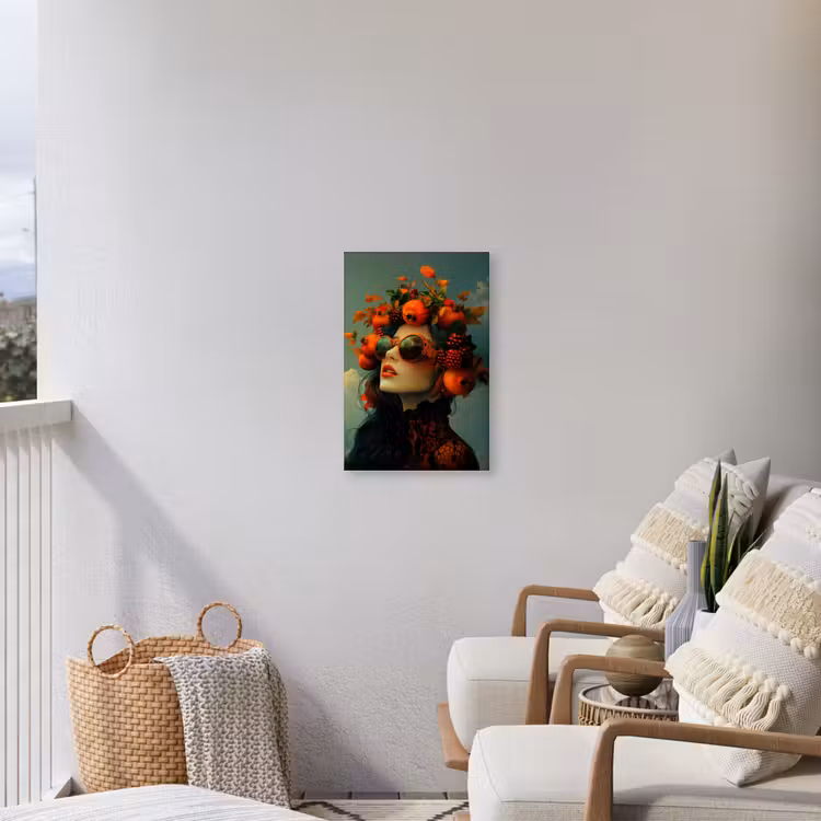 Vrouw - Granaatappel - Herfst - Zonnebril Tuinposter op houten frame 2 cm dik klein -sfeer1
