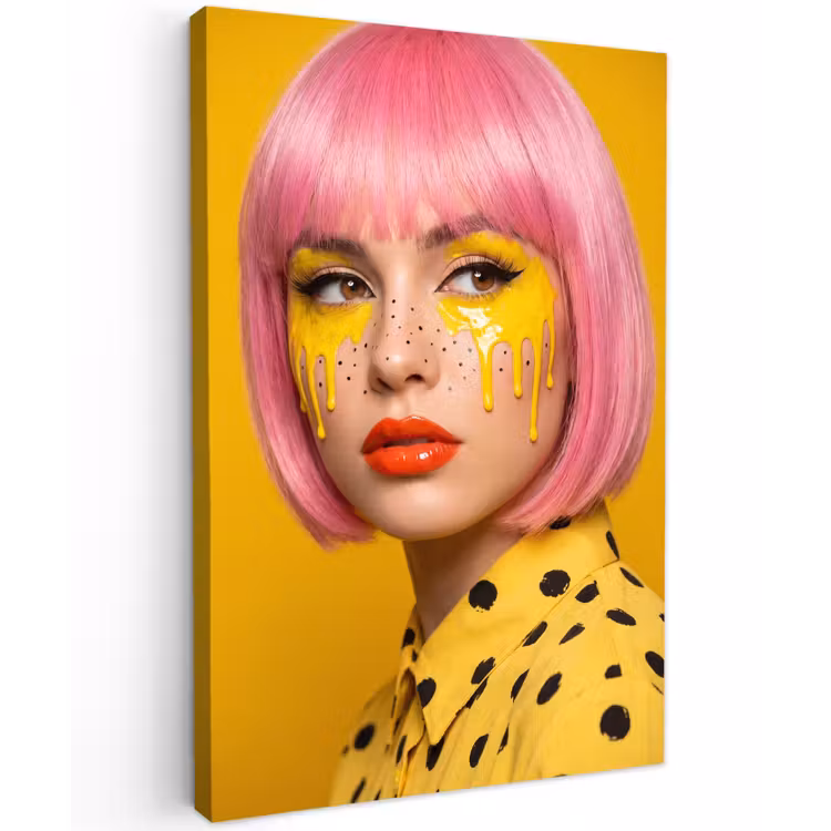 Vrouw - Portret - Abstract - Kleurrijk - Geel Tuinposter op houten frame 2 cm dik klein -3d