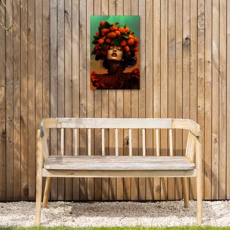 Vrouw - Frambozen - Bladeren Tuinposter op houten frame 2 cm dik klein -sfeer4