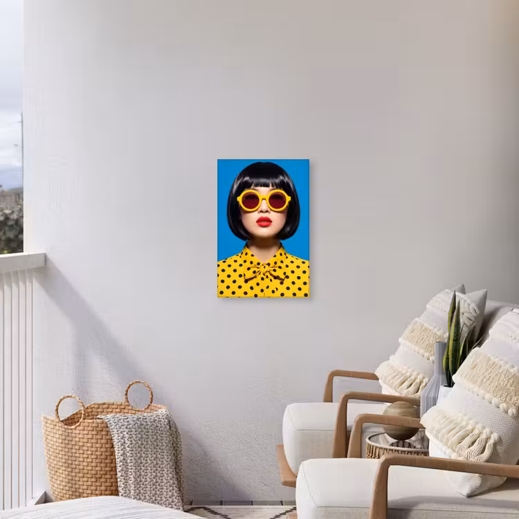 Vrouw - Zonnebril - Pop Art - Portret - Geel Tuinposter op houten frame 2 cm dik klein -sfeer1