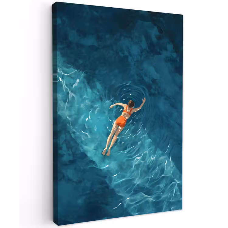 Vrouw - Water - Bikini - Oranje Tuinposter op houten frame 2 cm dik klein -3d