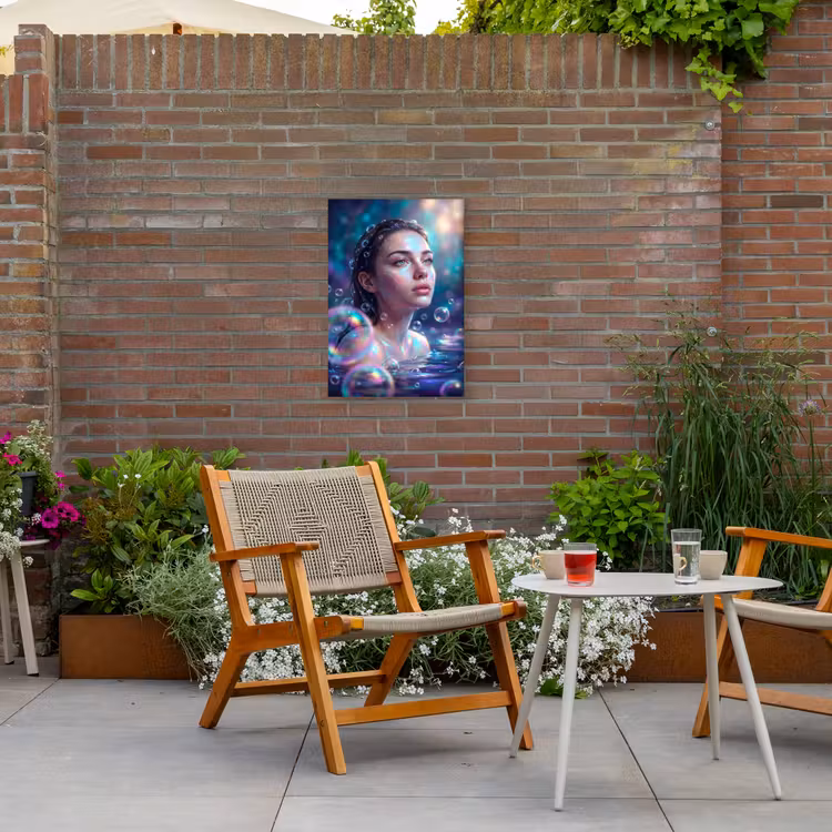 Vrouw - Water - Portret - Kleurrijk - Modern Tuinposter op houten frame 2 cm dik klein -sfeer3