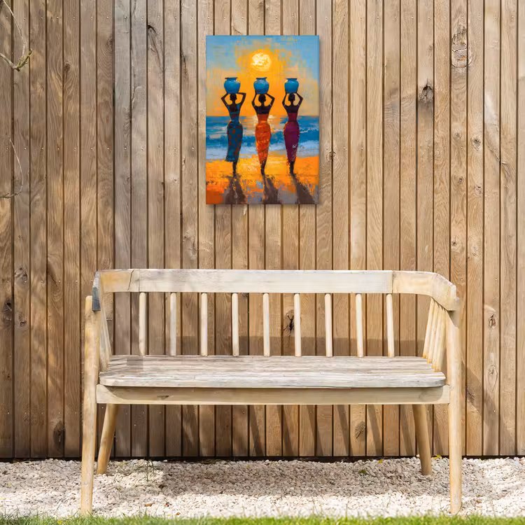 Vrouwen - Strand - Zondsondergang Tuinposter op houten frame 2 cm dik klein -sfeer4