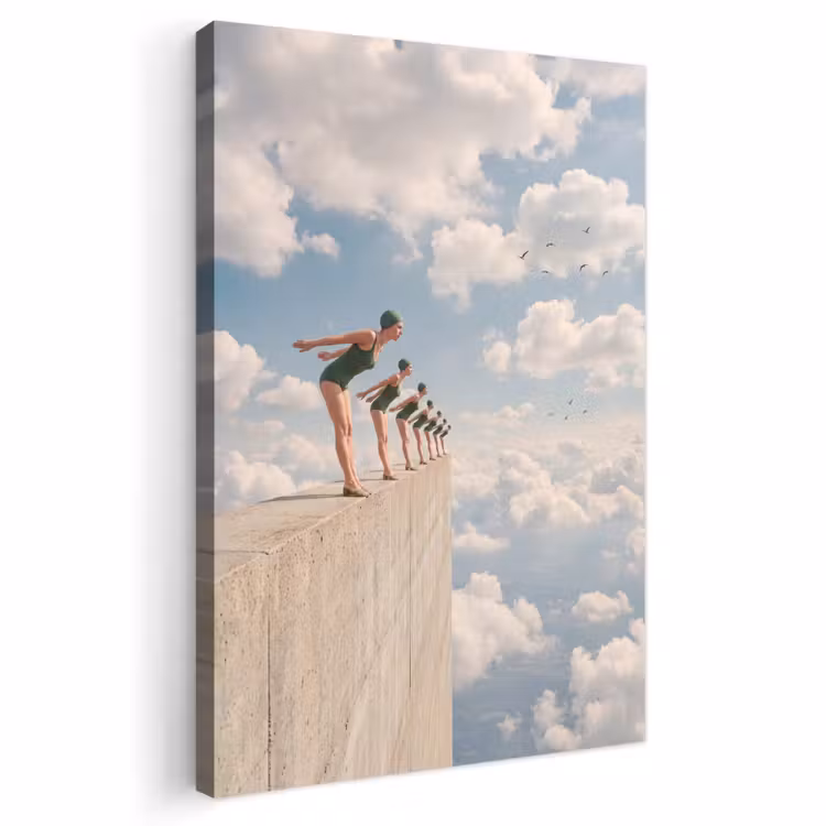 Outdoor Canvas Print - Women - Diving Pose - Clouds - Vrouwen - Duikhouding - Wolken Tuinposter op houten frame 2 cm dik klein